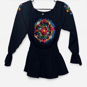 NWOT Handmade Black Embroidered Floral Blouse with Bell Sleeves and Ruffles